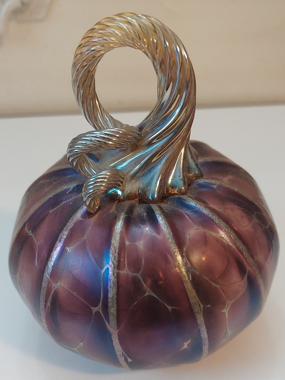Iridescent Purple Glass Pumpkin Figurine with Silver Stem Jack Pine? Hand Blown